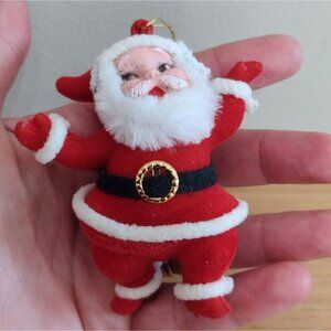 Vintage Plastic Face Santa Claus Christmas Ornament Flocked Dancing 4"